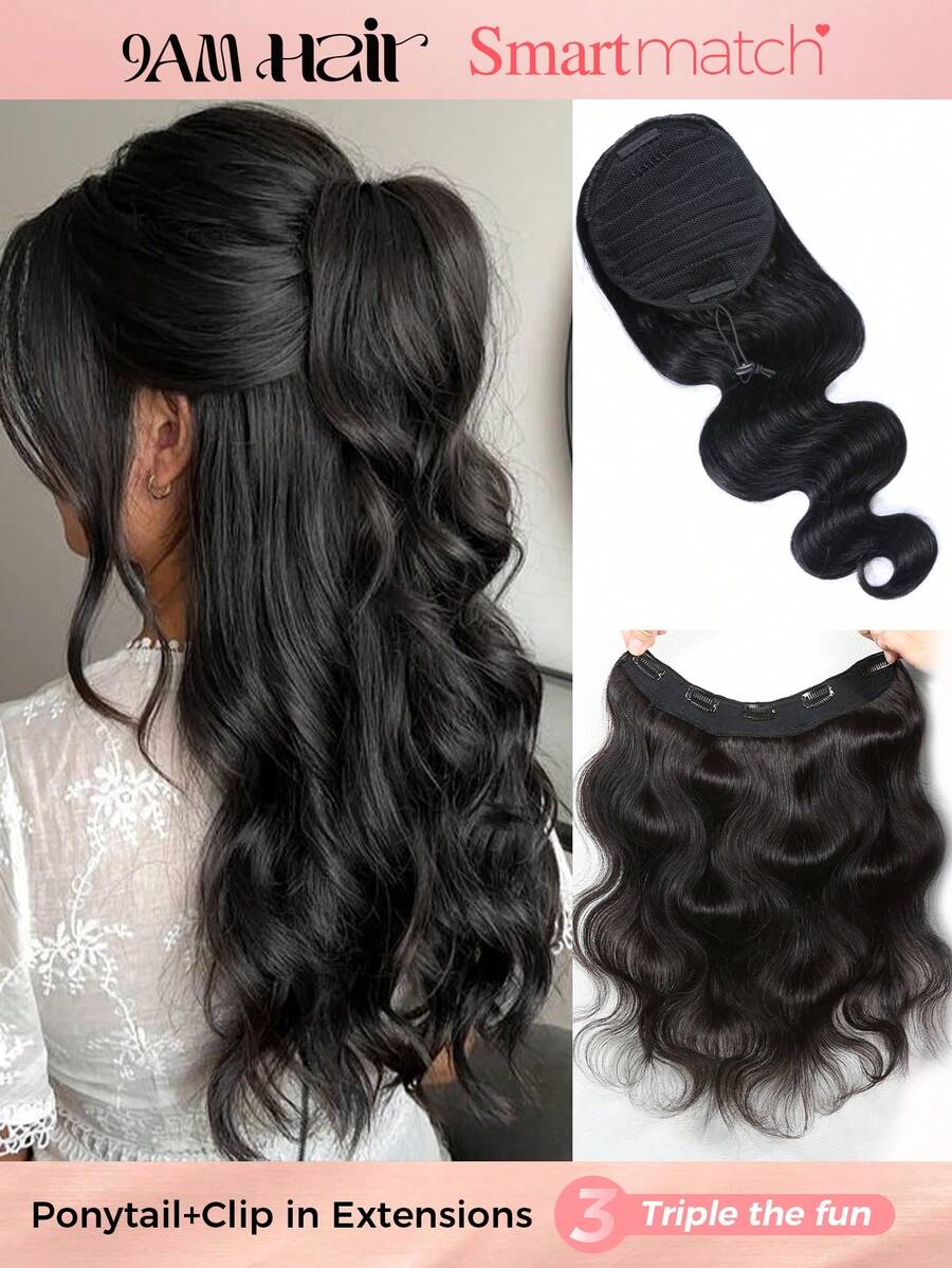 SMART&MATCH Extensión de cola de caballo con cordón ondulada y extensiones de cabello con clips sin costuras onduladas 1 pieza doble trama negro natural extensión de cola de caballo media recogida media suelta para uso diario - Natural Black - Ver 1