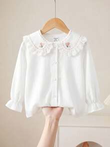 SHEIN 女嬰可愛休閒百搭學院風白色刺繡長袖彼得潘領上衣 - 白色 - 查看 5