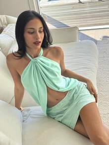 Aloruh 女款性感露背掛脖上衣與裙子兩件套，夏季 - 淺藍色 - 查看 5