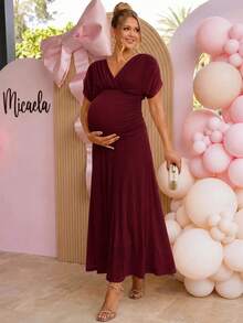 Loomaby Elegant Solid Color Maternity Party Dress - Burgundy - View 5