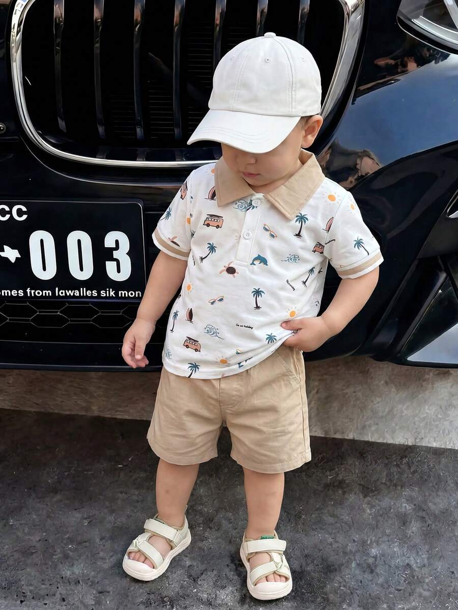 Souflis Souflis 男婴夏季时尚休闲两件套,包含一件棕榈树和小船印花翻领Polo衫和一条松紧腰短裤,时尚舒适,适合6个月至3岁的男童,是日常穿着、户外活动和返校的理想之选。 - 米色 - 查看 1