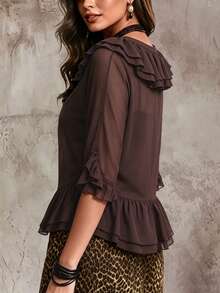 SHEIN Solid Ruffle Trim V-Neck Tie Front Sheer Chiffon Blouse With Flare Sleeves - Brown - View 2
