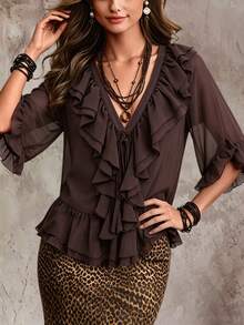 SHEIN Solid Ruffle Trim V-Neck Tie Front Sheer Chiffon Blouse With Flare Sleeves - Brown - View 4
