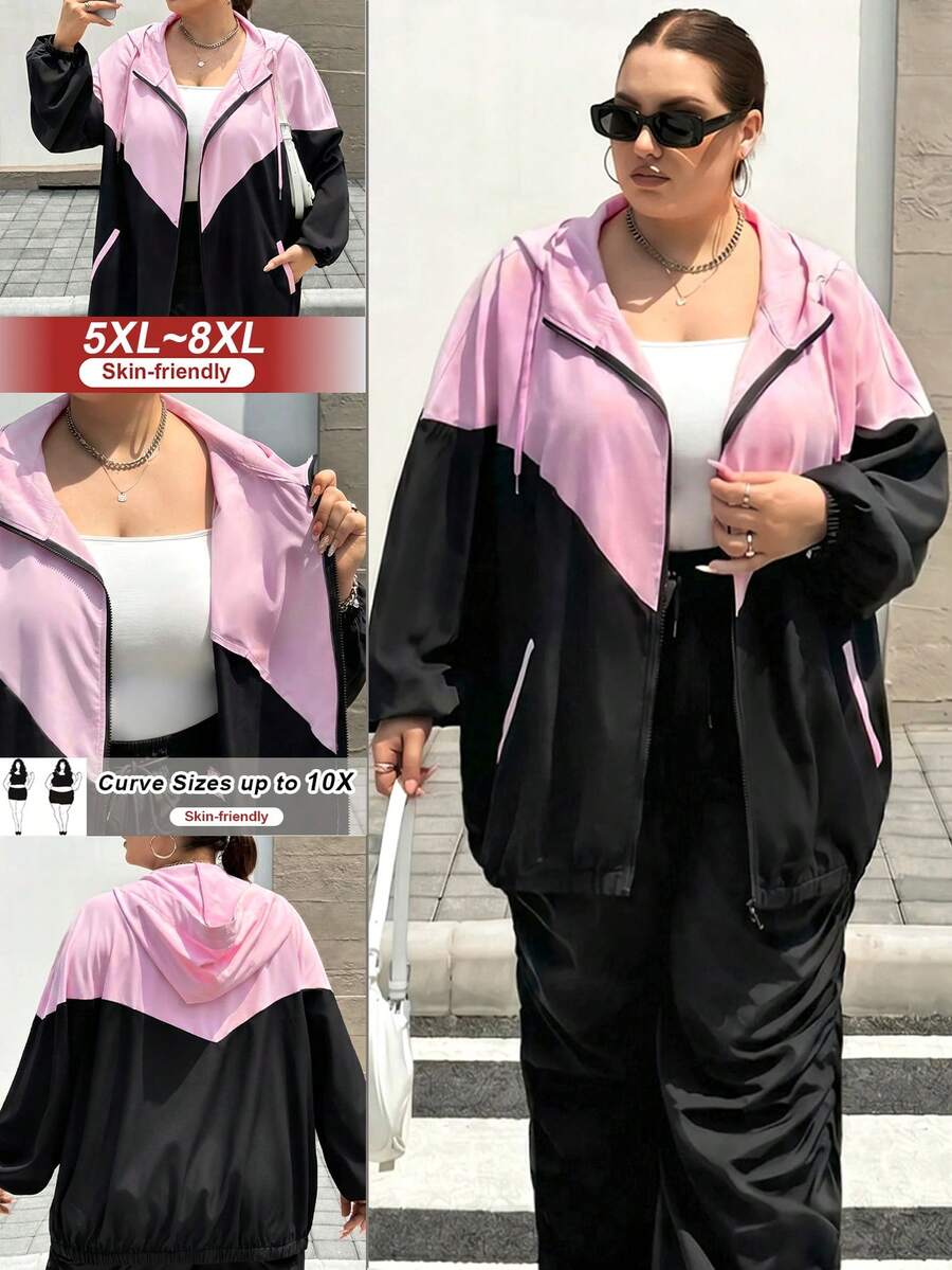 SHEIN CURVE+ 大尺碼女款運動風拼色拉鍊外套,秋冬季,2026 22W 返校季 - 彩色 - 查看 1