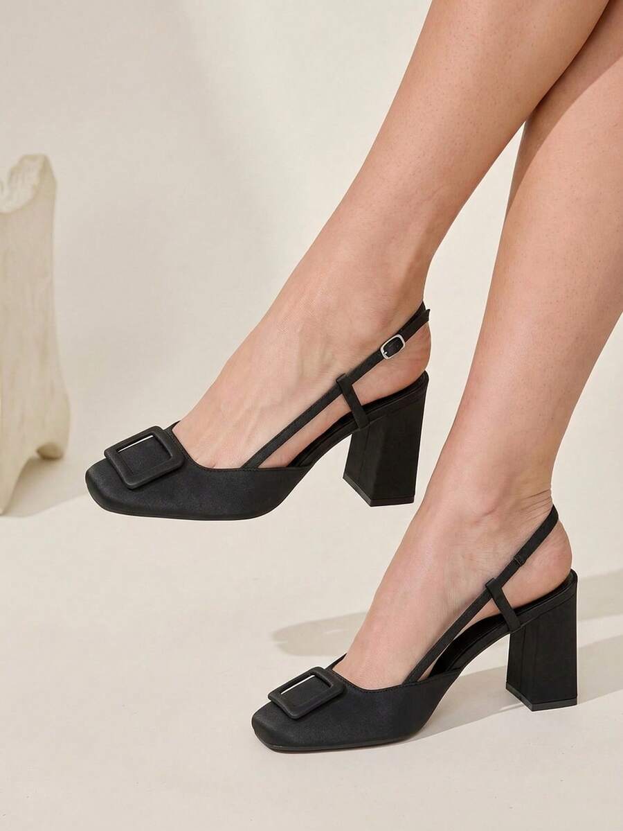 CUCCOO CHICEST 女款戶外方頭粗跟布面鞋,鈕扣裝飾時尚舒適,適合日常、派對與宴會,鞋頭鈕扣裝飾扣飾鞋 - 沙丁 黑色 - 查看 1