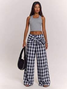 SHEIN BAE Women's Casual Daily Wear Versatile Brown Plaid Scarf-Style Loose Wide Leg Long Pants/Plaid Long Pants/Casual Long Pants/Wide Leg Long Pants/Work Long Pants/Outing Long Pants/Airport Long Pants/Vintage Long Pants - Navy Blue - View 4