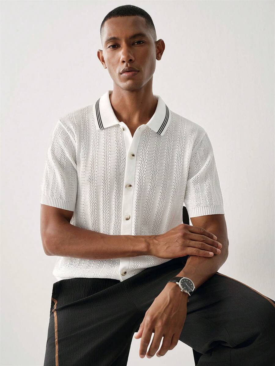Manfinity CityGents Men's Striped Colorblock Single-Breasted Short Sleeve Knit Top - Multicolor - View 1