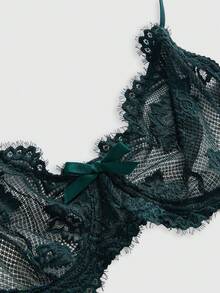 ROMWE Goth Floral Lace Eyelash Trim Underwire Triangle Cup Bra - Dark Green - View 3