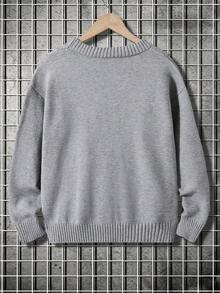SHEIN 1件兒童青少年男孩休閒日常百搭舒適圓領長袖套頭針織毛衣，純色，適合冬季、旅行與學校 - 灰色 - 查看 2