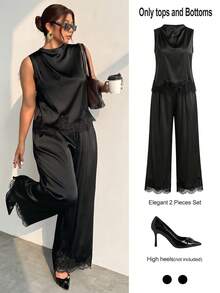 Firerie Plus Size Women Lace Patchwork Top And Pants Casual 2 Pieces Set - Black - View 9