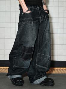 ROMWE MEN Casual 男士寬腿寬鬆雙腰帶牛仔褲，附口袋 - 藍黑色 - 查看 5
