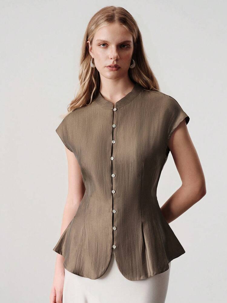 Aveloria Modichic Commuter Versatile Glossy Sleeveless Stand Collar Single-Breasted Waist-Cinching Flared Hem Slim Fit Elegant Solid Color Blouse - Coffee Brown - View 2