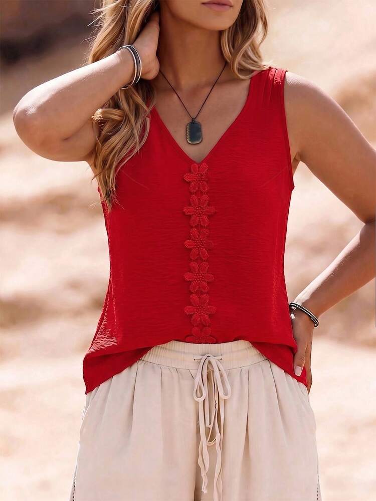 Linhara CURVE Plus Size Casual Vacation Solid Color Applique Decor Tank Top - Red - View 4