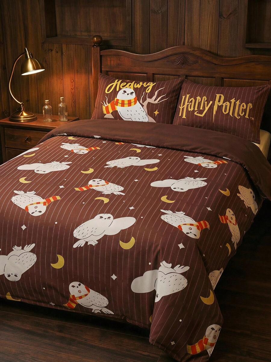 HARRY POTTER X Joivida 卡通床上用品套裝(3件組)– 1件被套 + 2件枕套(不含內芯),100%聚酯纖維,可機洗 - 咖色 - 查看 1