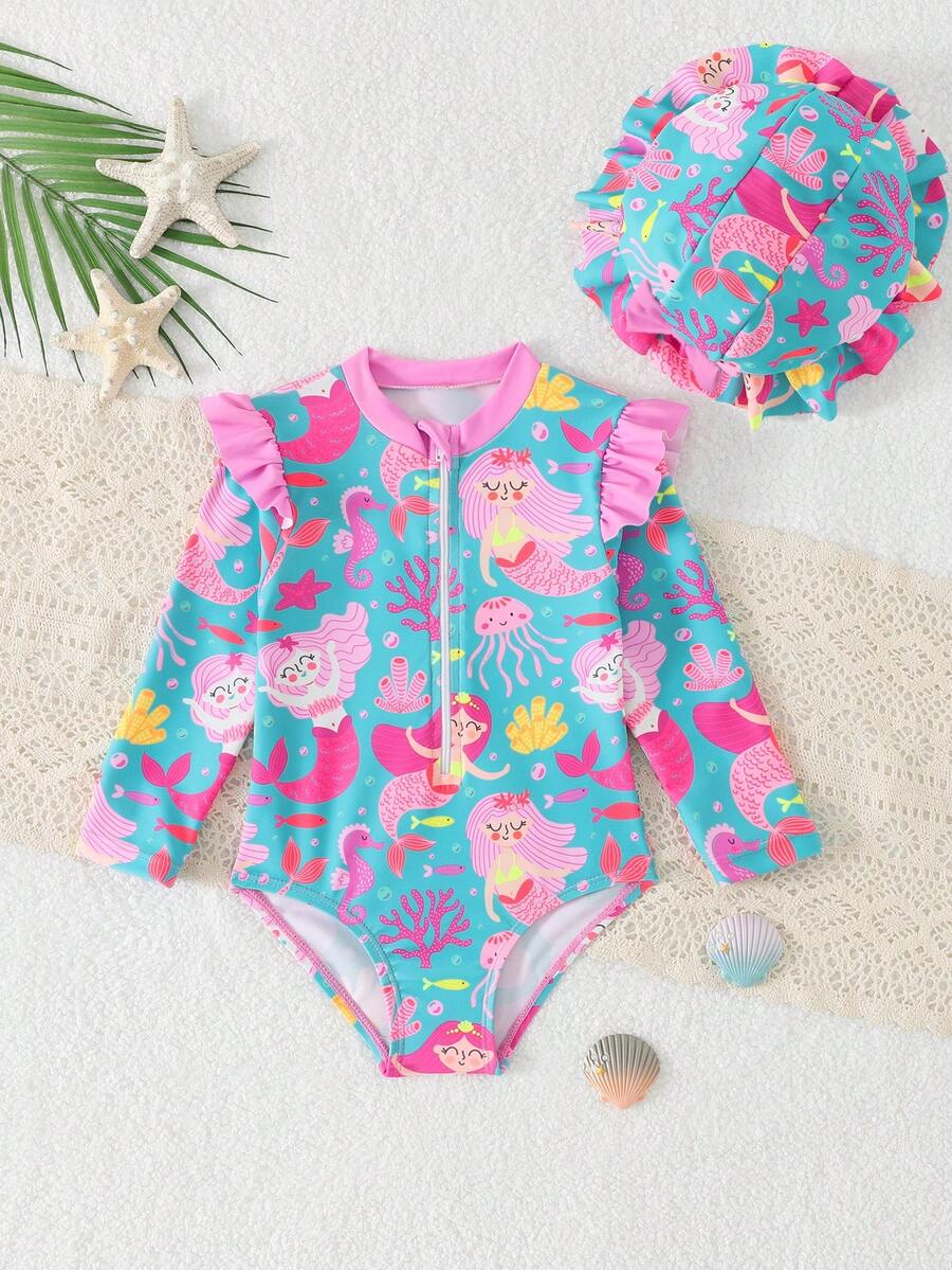 Baby Girl Cartoon Mermaid Print Patchwork Ruffle Trim One-Piece Swimsuit - Multicolor - View 1
