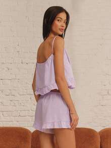 lacRébo Lilac Pajama Set With Tie-Front Cami Top, Button-Front Detail And Matching Ruffled Shorts Cotton - Purple - View 2