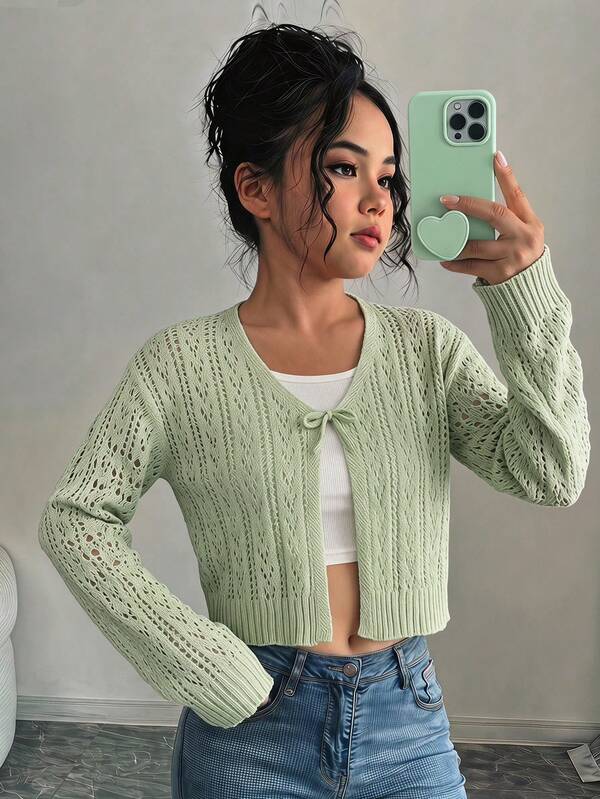 SHEIN كارديجان محبوك مفرغ بلون سادة كاجوال عصري للفتيات المراهقات