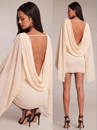 SHEIN BAE Autumn Solid Cream White Cowl Neck Long Sleeve Women's Tie-Back Open Back Mini Dress Beach Elegant Sexy