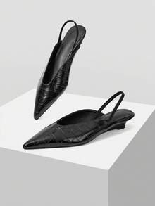 Mnmlis Women Shoes Back Strap Design Pointed Toe Flat Heel Low Heel Exquisite Light Luxury Glossy Pu Leather Slingback Closed Toe Sandals Daily Commuting Shoes Fall Shoes - Black - View 2