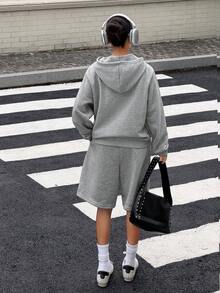 Muchica Women's Fashion Casual Athleisure Sporty Streetwear Hoodie Drawstring Waist Shorts 2 Pieces Set Back-To-School Light Grey Summer Work Gym - Grey - View 2