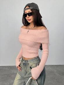 Coolane 女款 Y2K 法蘭絨露肩毛衣，白色 - 粉色 - 查看 4