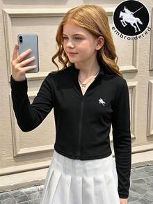 SHEIN 青少年女孩秋季休閒刺繡細節夾克 - 黑色 - 查看 4