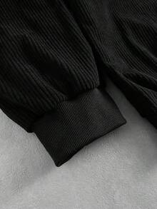 ROMWE MEN 男士休閒燈芯絨拼接刺繡連帽衛衣 - 黑色 - 查看 6