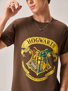 Strevion Harry Potter 男士简约哈利波特学院徽章印花圆领短袖T恤，夏季款 - 咖啡棕 - 查看 7