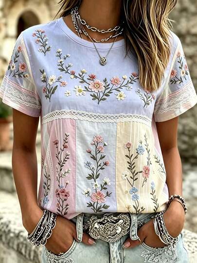 Breezaya Boho Floral Print Color Block Crew Neck Short Sleeve Tee Women Vintage Patchwork Casual Summer Top