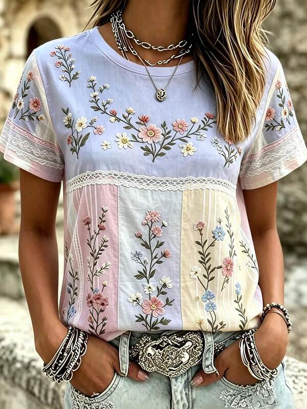 EMERY ROSE Boho Floral Print Color Block Crew Neck Short Sleeve Tee Women Vintage Patchwork Casual Summer Top