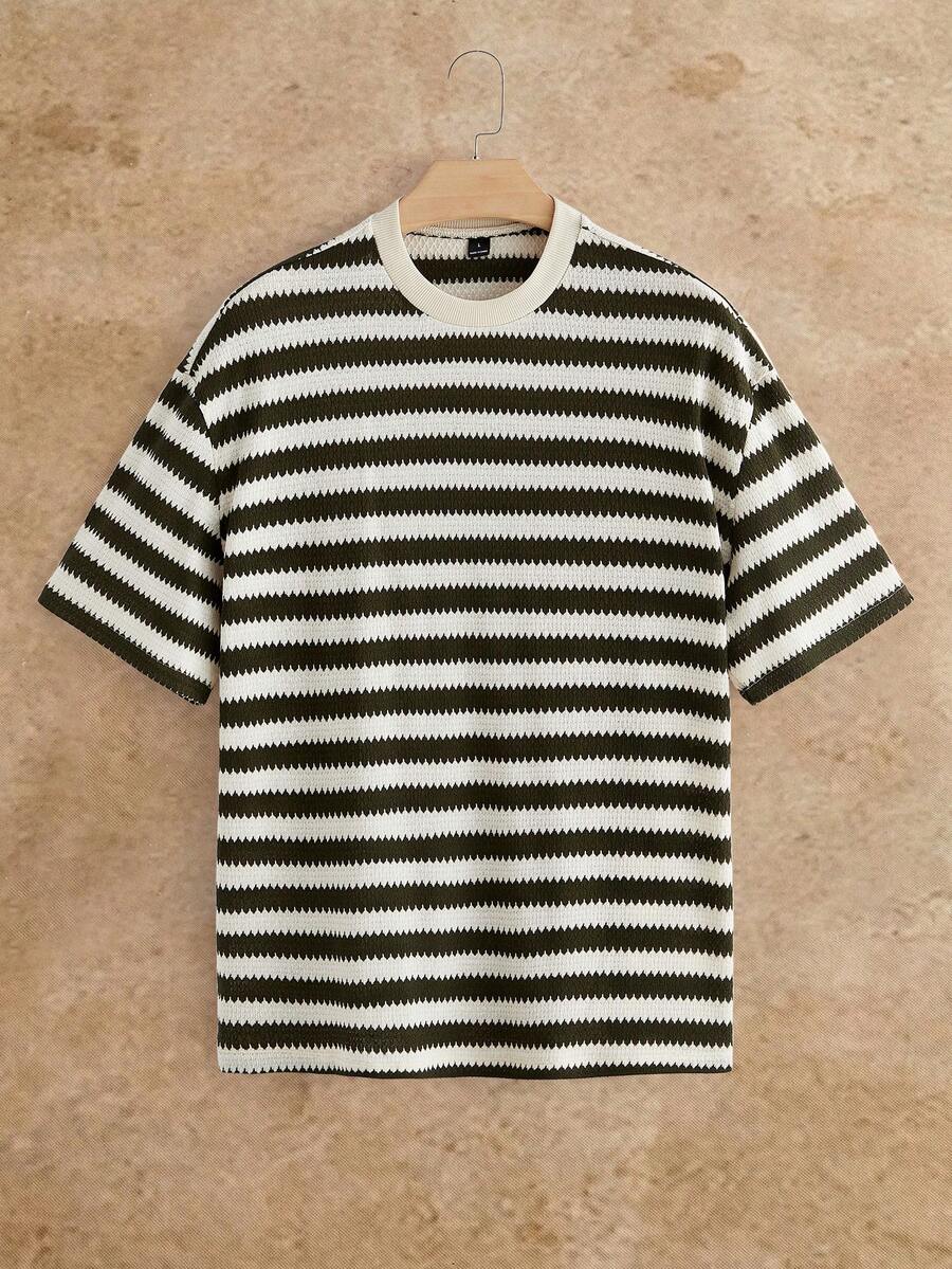 HIMLAND Kaos Rajut Bergaris Longgar Kasual Lengan Pendek Leher Bulat untuk Pria, Cocok untuk Musim Panas - MultiWarna - View 1