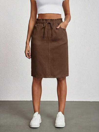 SHEIN Tall Women's Casual Denim Skirt With Frill Trim, Waist Tie And Pockets