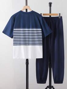 SHEIN 2件組青少年男孩休閒簡約字母印花圓領套頭上衣套裝，適合夏季 - 彩色 - View 3