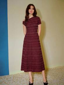 MOTF PREMIUM ASYMMETRICAL SHOULDER COLORBLOCK POLKA DOT SWEATER DRESS - Redwood - View 5