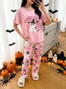 Tween Girl Letter Print Short Sleeve Top And Pants Pajama Set - Pink - View 9