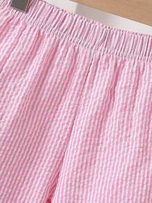 SHEIN Playful Pals 2件套女婴幼儿/新生儿0-3岁春夏休闲甜美日常度假条纹梭织无袖上衣和阔腿裤两件套 - 粉色 - 查看 3