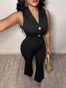Vavine Blazer Jumpsuit Hitam Premium Tanpa Lengan dengan Kerah Vintage - Hitam - View 4