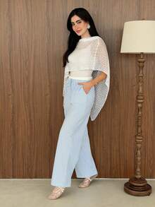 Yasmeen Edit Yasmeen Edit Celana Panjang Wanita Kasual Bergaris Biru Tenun dengan Potongan Lebar dan Longgar untuk Musim Panas - Blue and White - View 1