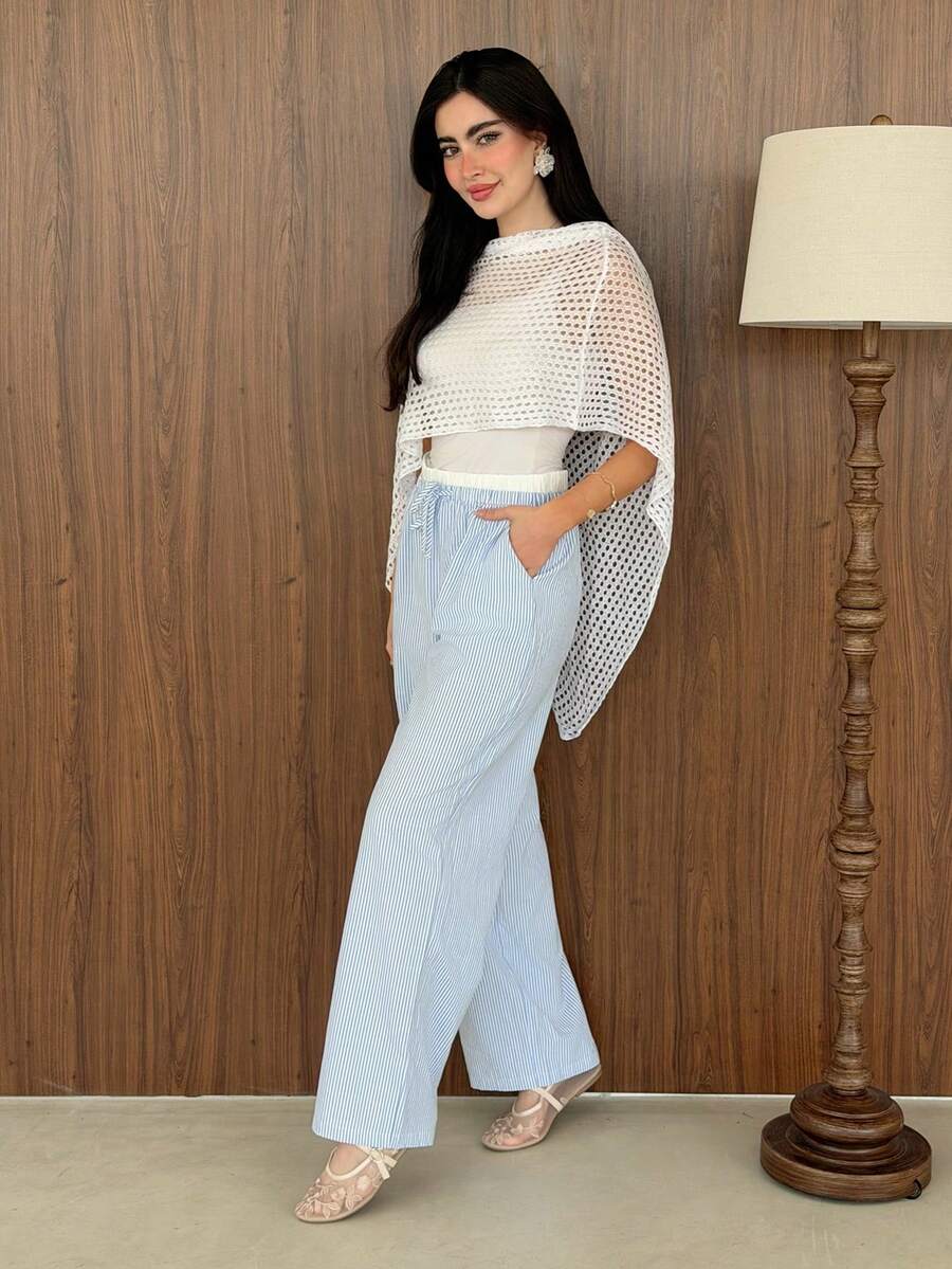 Yasmeen Edit Yasmeen Edit Celana Panjang Wanita Kasual Bergaris Biru Tenun dengan Potongan Lebar dan Longgar untuk Musim Panas - Blue and White - View 1