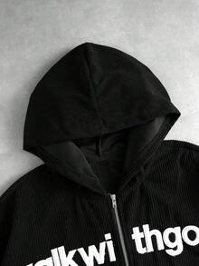 ROMWE MEN 男士休閒燈芯絨拼接刺繡連帽衛衣 - 黑色 - 查看 3