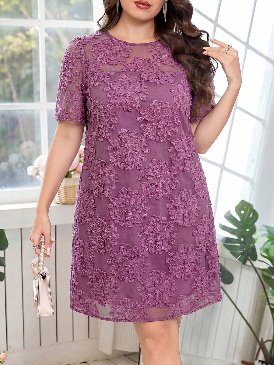 Reflora Plus Size Women's Jacquard Round Neck Short Sleeve Elegant Dress - Purple - View 1