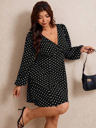 Elaquor Plus Size Women's Polka Dot Lantern Sleeve Casual Dress