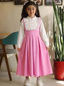 SHEIN 女童拼接荷葉邊鈕扣設計百褶下擺可愛公主裙 開學季 7歲生日 1歲生日 校園穿搭 白色粉色 秋季 - 彩色 - 查看 4