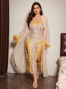 Slumberist Sexy Sheer Textured Mesh Apricot & Lemon Yellow Lace Trim Robe With Yellow Rose Floral Print, Spaghetti Strap Slit Lace Decor Nightgown, Plus Size Women's Sleepwear Set - Apricot - View 3