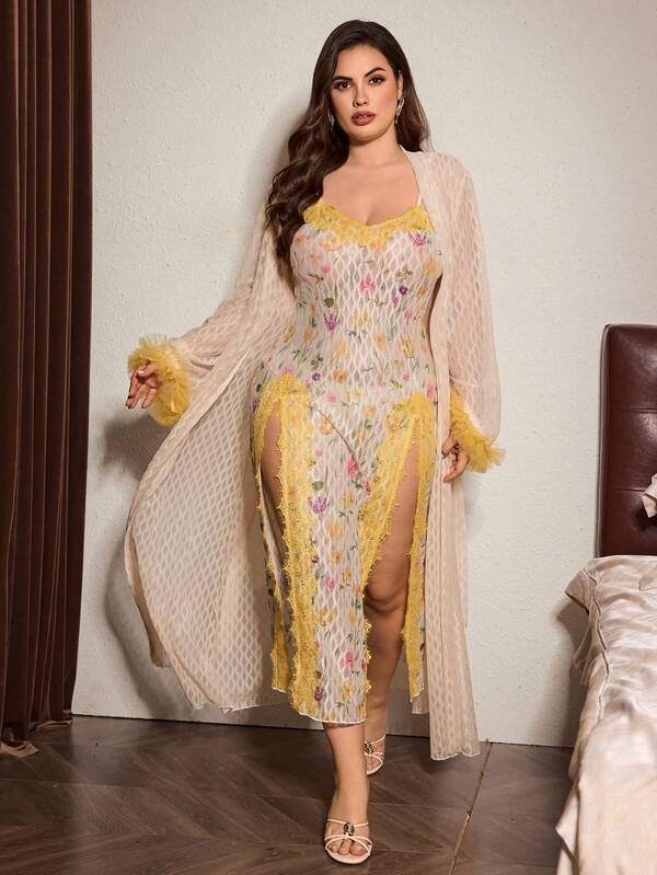 Slumberist Sexy Sheer Textured Mesh Apricot & Lemon Yellow Lace Trim Robe With Yellow Rose Floral Print, Spaghetti Strap Slit Lace Decor Nightgown, Plus Size Women's Sleepwear Set