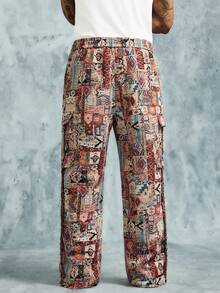 INCRYTM Men's Beige Summer Boho Vacation Geometric Pattern Jacquard Pants,American Vintage Slight-Flared Cut Raw Hem Textured Cargo Trousers,Y2K Streetwear - Khaki - View 2