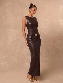 Lumalex Fall Winter Women's Long Sleeveless Round Neck Fitted Bodycon Sexy Ruched Dress With Ribbon And Metal Decor, Faux Leather Dawn-To-Gala Elegant - Coffee Brown - View 7