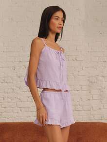 lacRébo Lilac Pajama Set With Tie-Front Cami Top, Button-Front Detail And Matching Ruffled Shorts Cotton - Purple - View 5