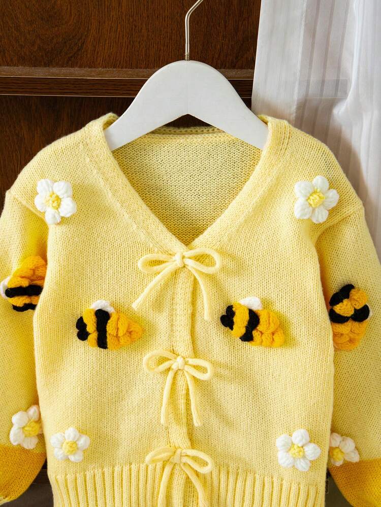 SHEIN Young Girl Knit Contrast Color V-Neck 3D Floral Casual Cardigan - Multicolor - View 7