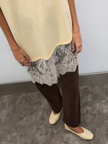 Nöista 女款圓領短袖蕾絲下擺拼接休閒優雅上衣 日常休假穿著 淡黃色 夏季 - 杏色 - 查看 4